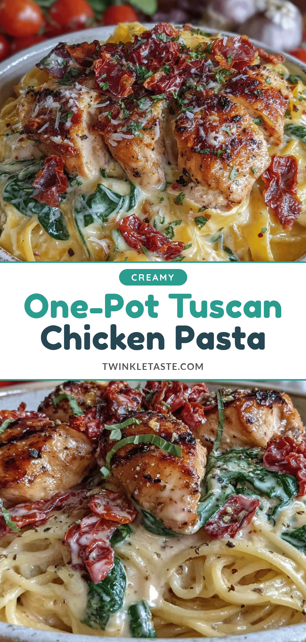 Creamy One-Pot Tuscan Chicken Pasta recipe