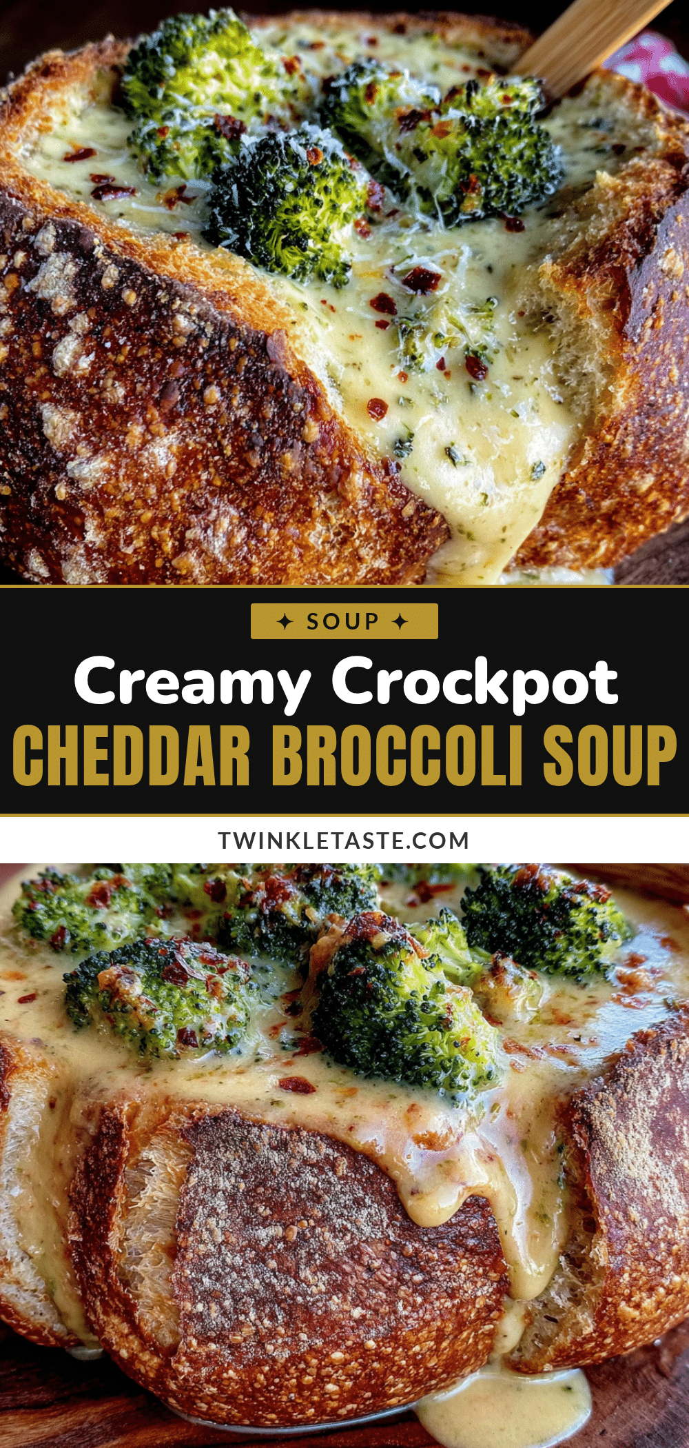 creamy crockpot cheddar broccoli soup in a bread bowl recipe