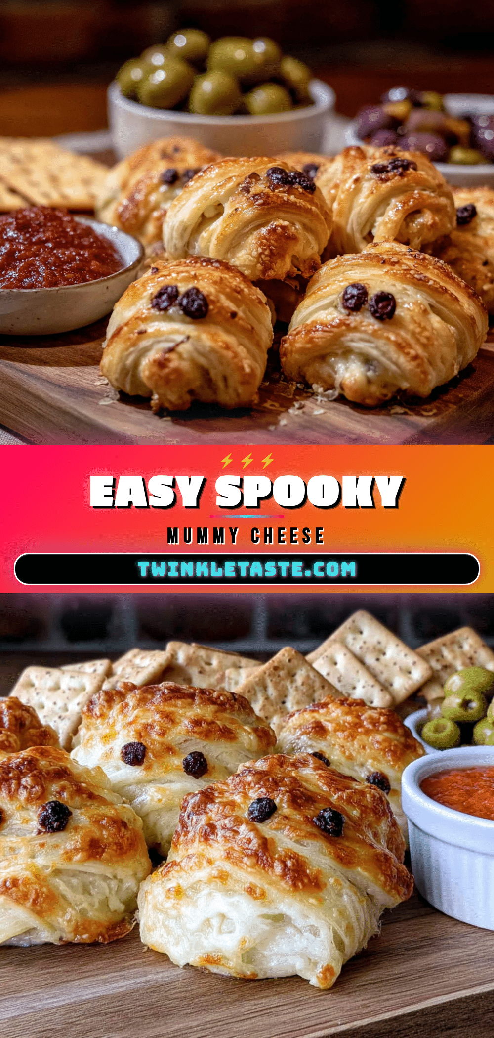 Easy Mummy Cheese and Crackers Halloween Snack Board recipe