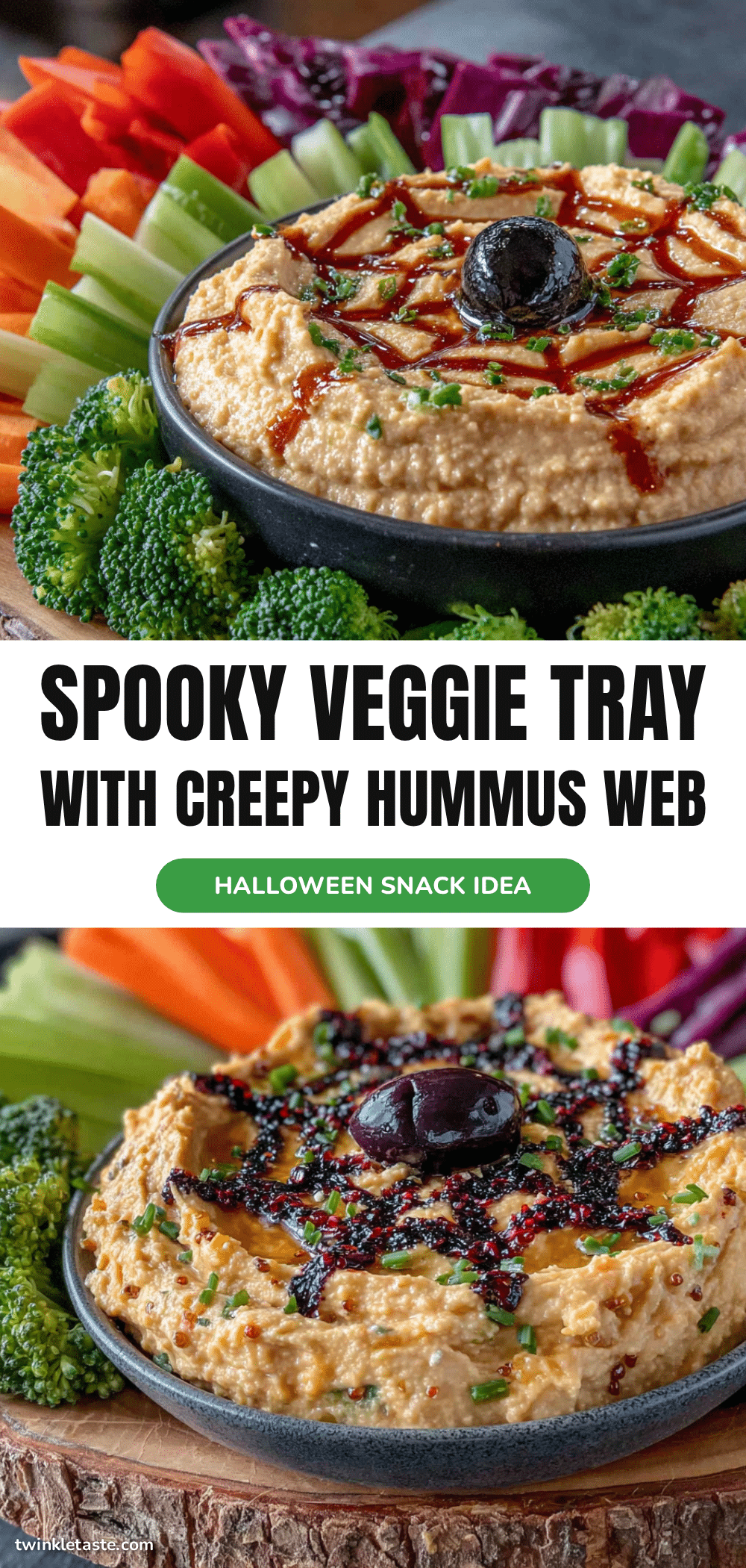 Easy Spooky Veggie Tray with Hummus Spider Web recipe