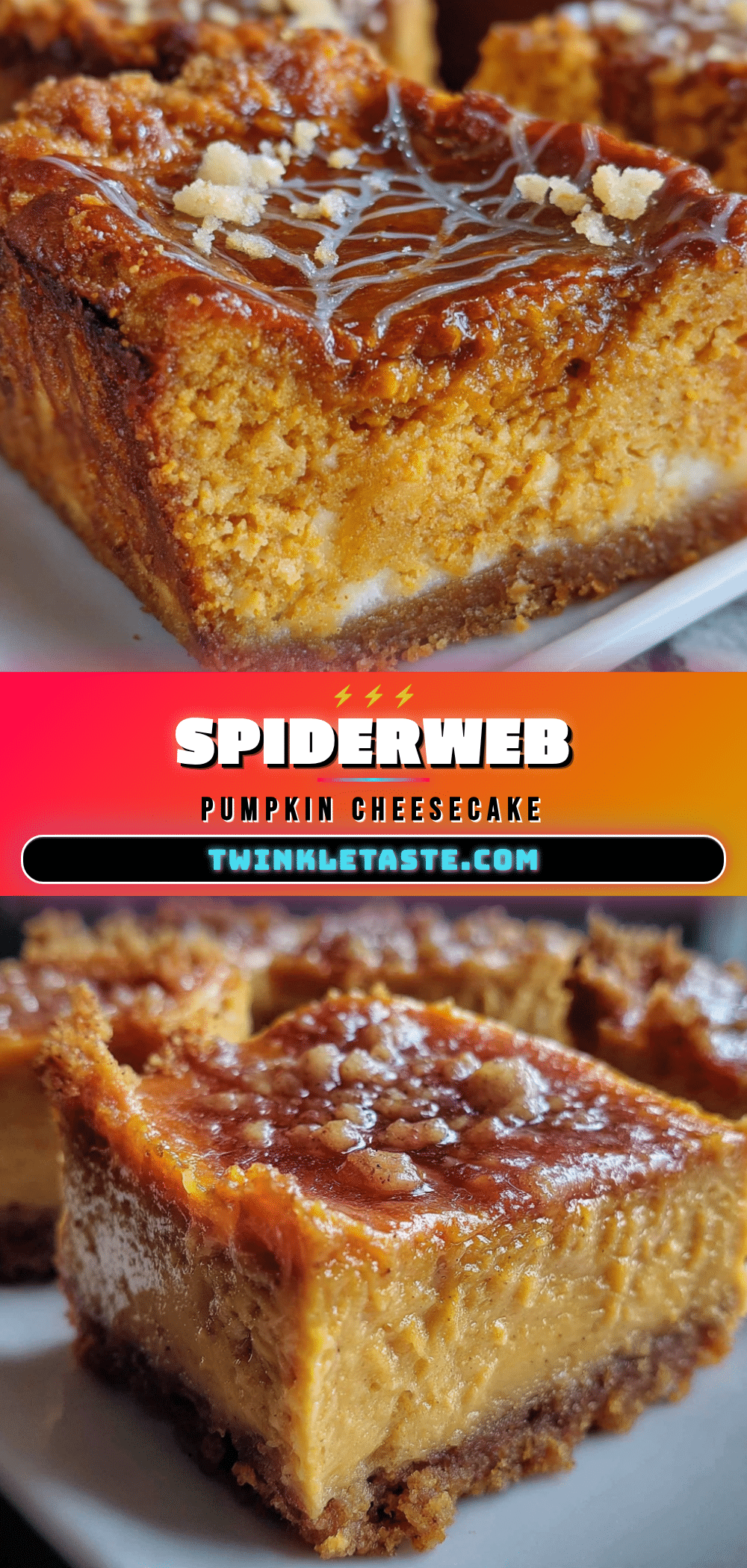 Spiderweb Pumpkin Cheesecake Bars recipe